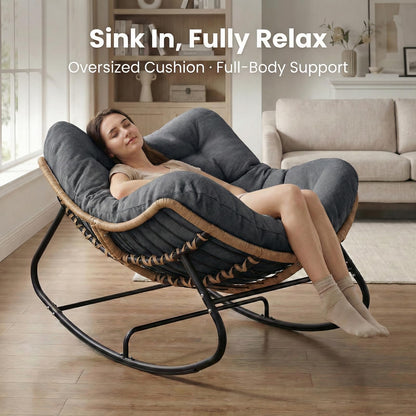 SWITTE Outdoor Rocking Chair, Oversized Patio Papasan Rocker, Comfy Wicker Reading Lounge, Indoor Egg Chair for Bedroom, Living Room, Porch, Garden, Lawn-Dark Grey