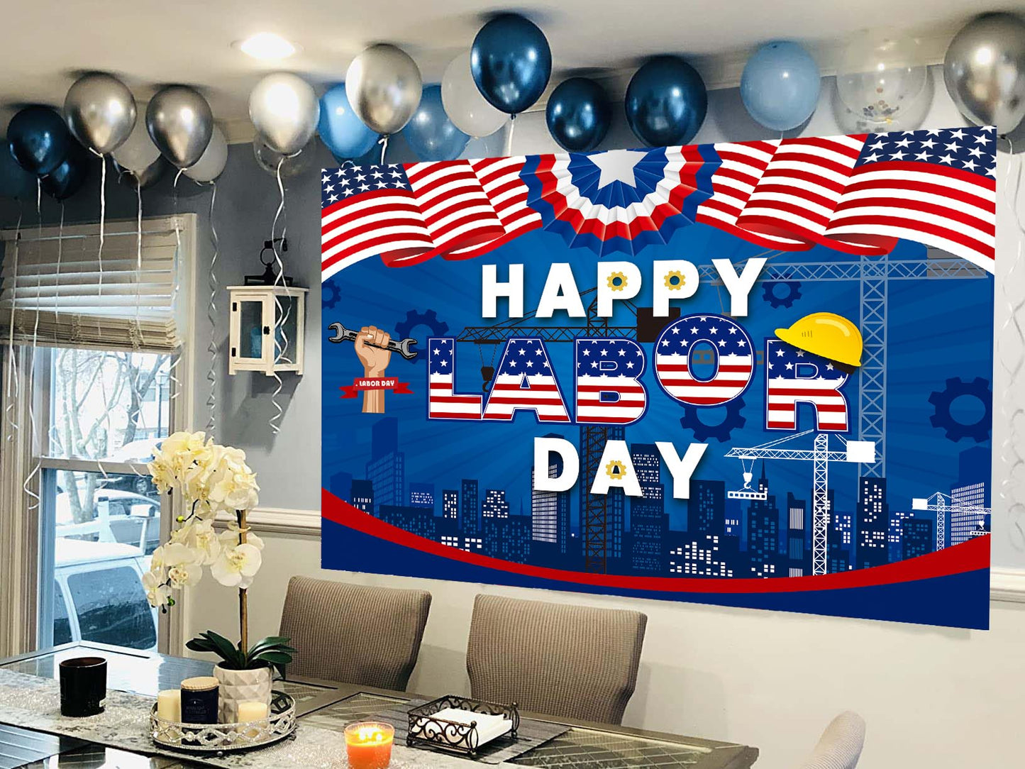 Happy Labor Day Backdrop Banner Remember and Honor Laborer Photography Background for Labor Day American Flag Patriotic Theme Party Decorations Supplies (6x4ft(70x40inch))