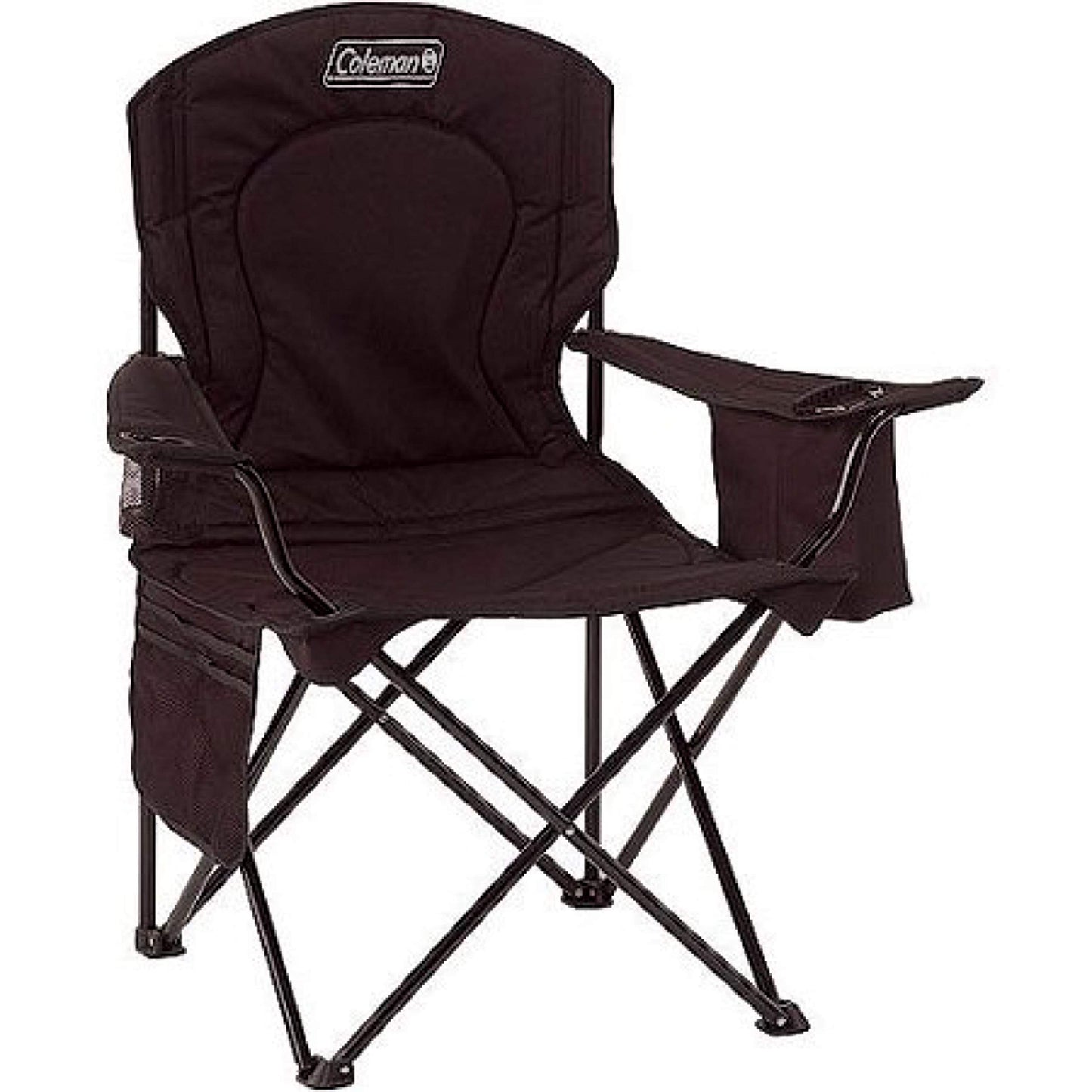 Coleman Camp Chair with 4-Can Cooler | Folding Beach Chair with Built in Drinks Cooler | Portable Quad Chair with Armrest Cooler for Tailgating, Camping & Outdoors, Black, Roomy seat: 24"