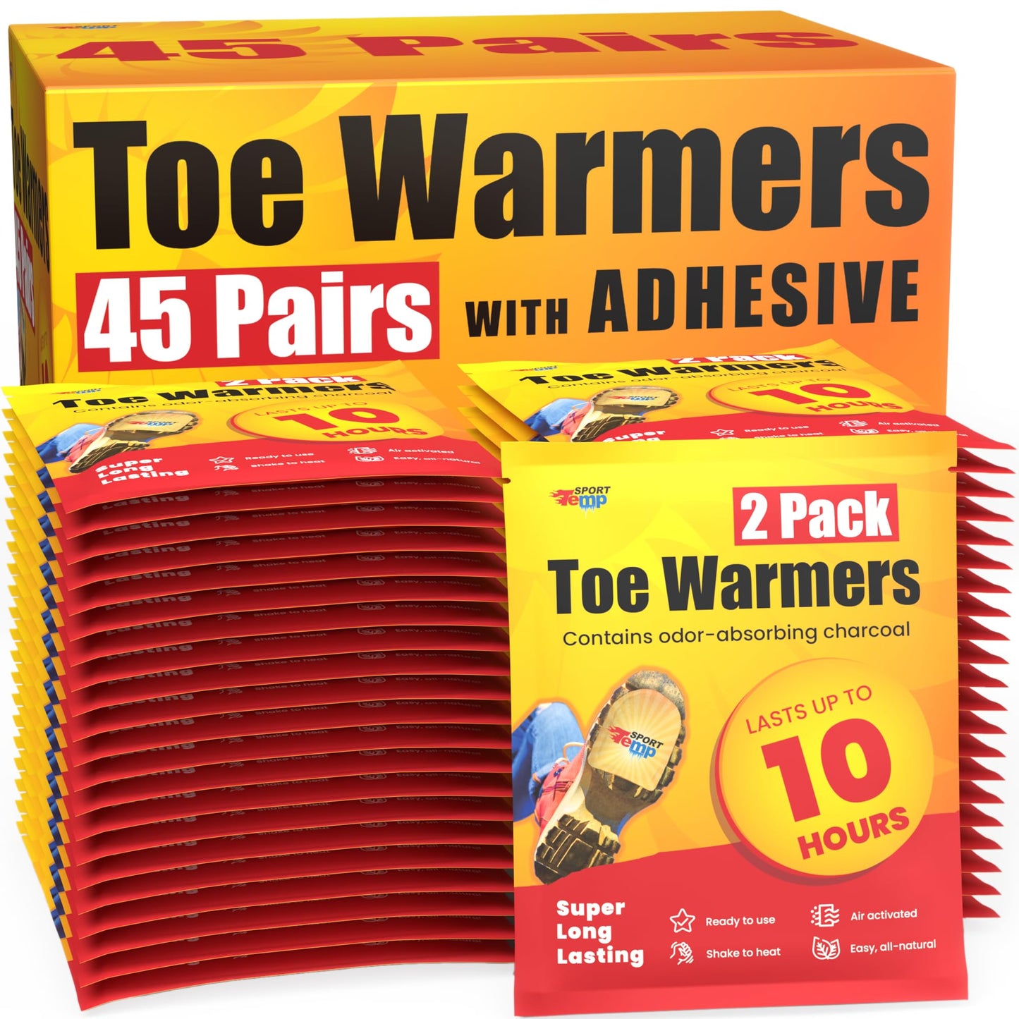 Toe Warmers (45 Pairs) - Up to 10 Hours of Heat, Easily Apply with Adhesive - Ultra Thin, Easy, All Natural - Air Activated, Odorless Hot Toe Warmers - Sport Temp (45)