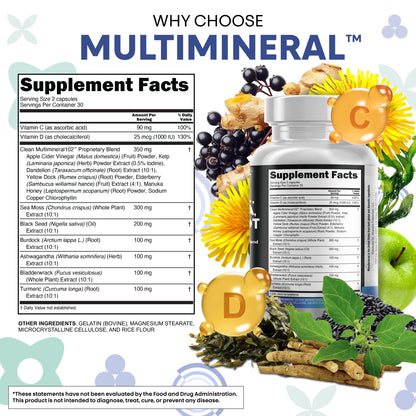 Clean Nutraceuticals Sea Moss Black Seed Oil Ashwagandha Turmeric Bladderwrack Burdock & Vitamin C Vitamin D3 with Elderberry Manuka Dandelion Yellow Dock Iodine Chlorophyll ACV