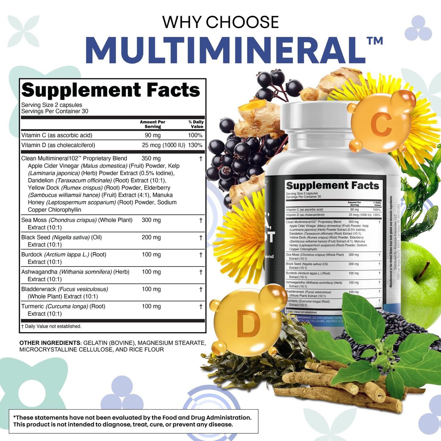 Clean Nutraceuticals Sea Moss Black Seed Oil Ashwagandha Turmeric Bladderwrack Burdock & Vitamin C Vitamin D3 with Elderberry Manuka Dandelion Yellow Dock Iodine Chlorophyll ACV