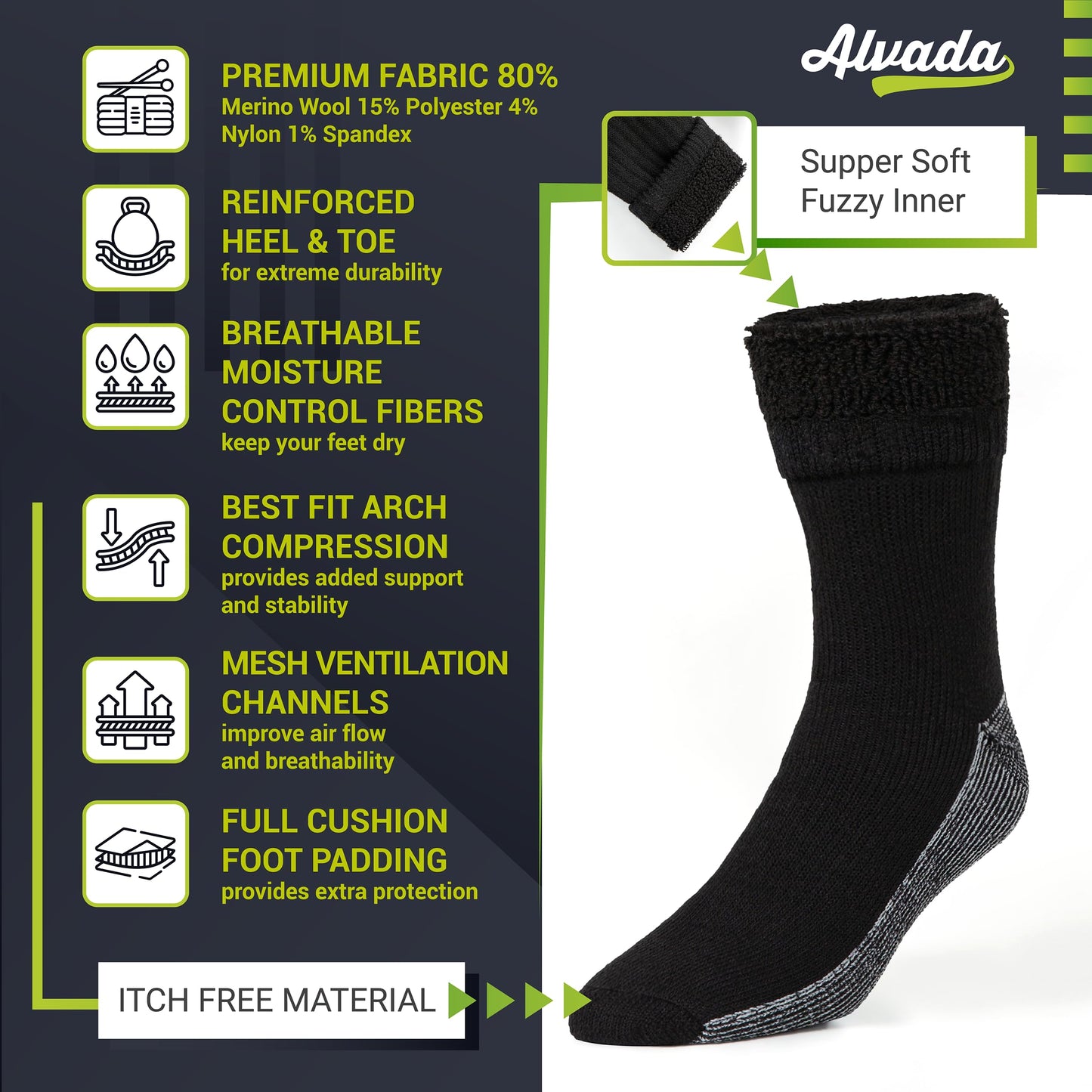 Alvada Merino Wool Hiking Socks Thermal Warm Crew Winter Boot Sock For Men Women 3 Pairs ML