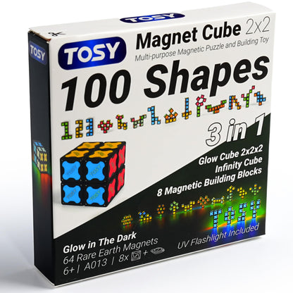 TOSY Magnet Cube 2x2 - 64 Magnets, 8 Building Blocks, Easter Basket Stuffers Essentials for Kids/Teens, 2 in 1 Toy: 2x2x2 Puzzle Cube and Customizable Infinity Cube, Glowing, UV Flashlight Accessory