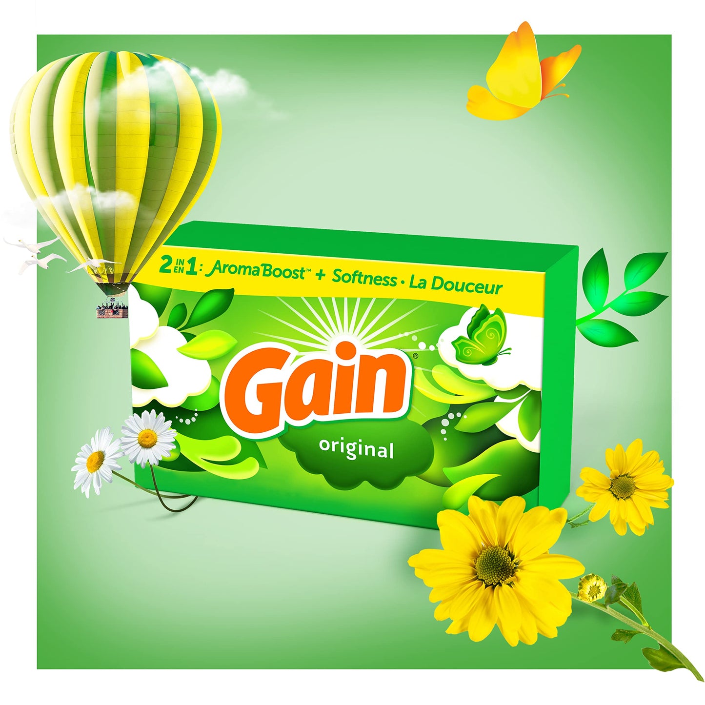 Gain dryer sheets, 105 Count, Original Scent Laundry Fabric Softener Sheets with 2-in-1 Aromaboost Plus Softness