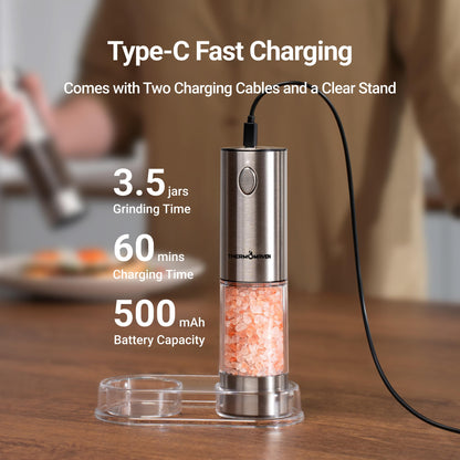 ThermoMaven Upgraded Larger Capacity Electric Salt and Pepper Grinder Set, 110ml Rechargeable Salt and Pepper Shaker with LED light, Stainless Steel Automatic Pepper Mill with 6 Adjustable Coarseness