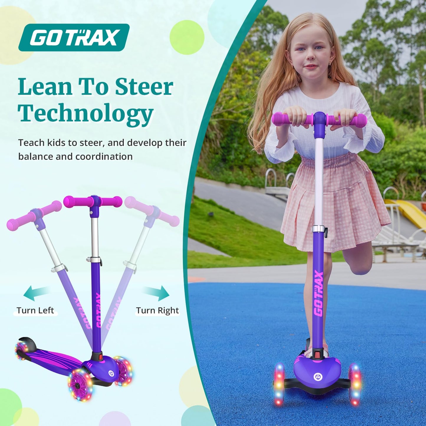 Gotrax KS1 Kids Kick Scooter, LED Lighted Wheels and 3 Adjustable Height Handlebars, Lean-to-Steer & Widen Anti-Slip Deck, 3 Wheel Scooter for Boys & Girls Ages 2-8 and up to 100 Lbs