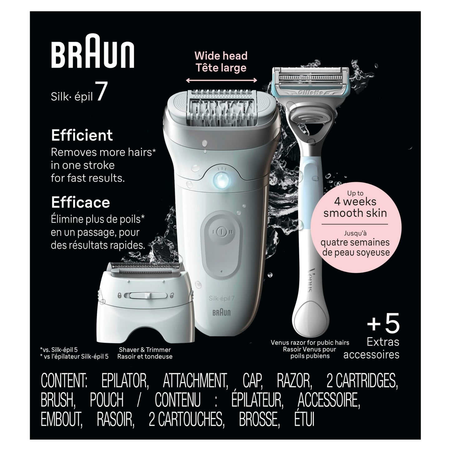 Braun Silk-épil 7 Epilator, Wet and Dry, Wide Head, Includes Venus Intimate Razor, Shaver Head and Trimmer Comb, SE7-141