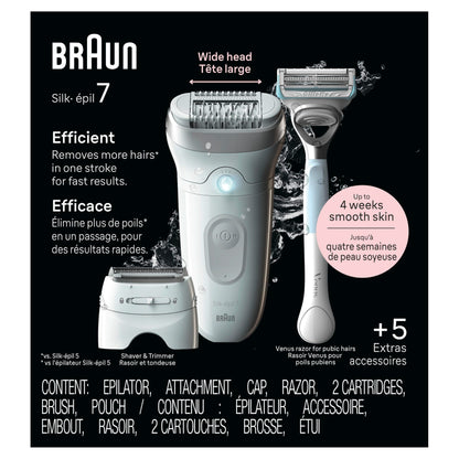 Braun Silk-épil 7 Epilator, Wet and Dry, Wide Head, Includes Venus Intimate Razor, Shaver Head and Trimmer Comb, SE7-141