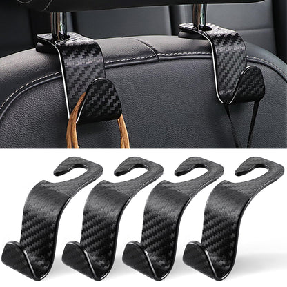 LivTee Car Purse Hook, 4 Pack Universal Auto Seat Headrest Hook Hangers Organizer for Coats, Umbrellas, Groceries - Carbon Fiber Black