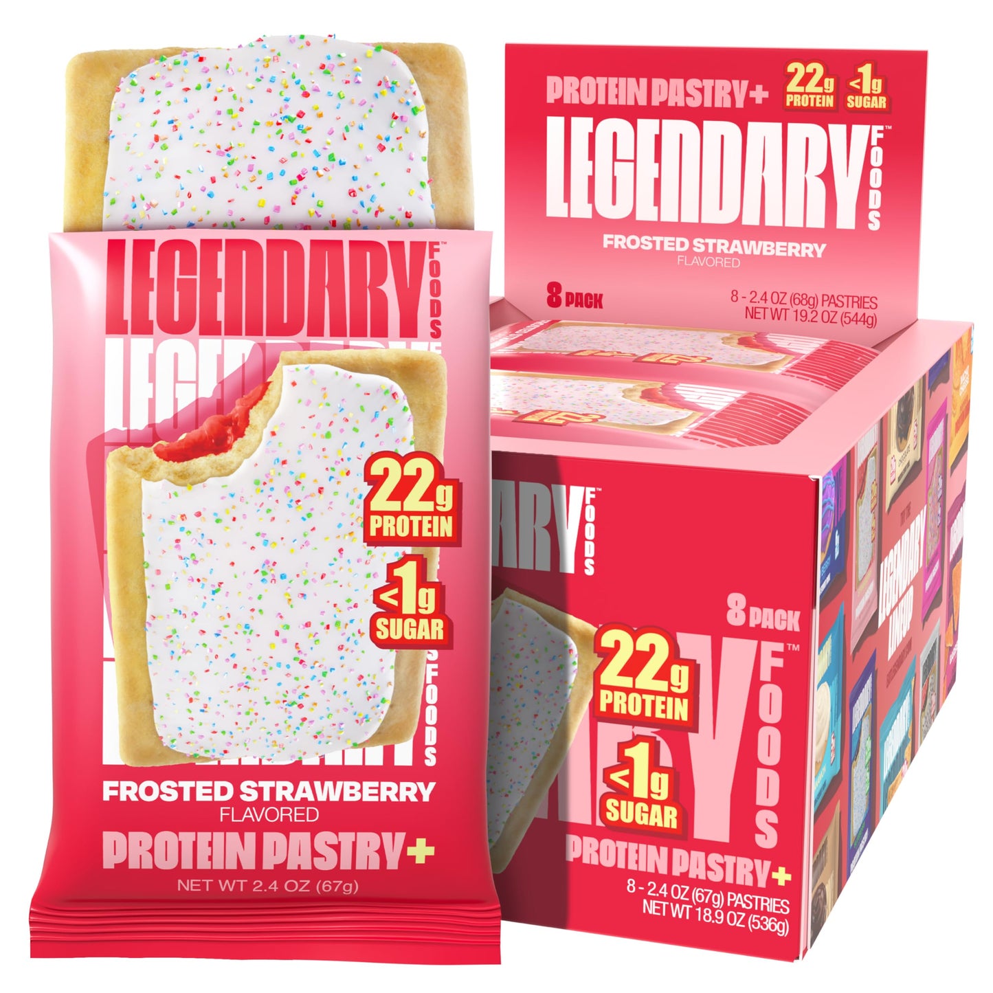 Legendary Foods 22g Protein Pastry+ Strawberry Low Carb Meal Replacement Bar, Low Glycemic, Gluten Free Protien Snacks - Healthy Keto Snack Box, 8x Zero Sugar Energy Bars - Bariatric Diabetic Friendly