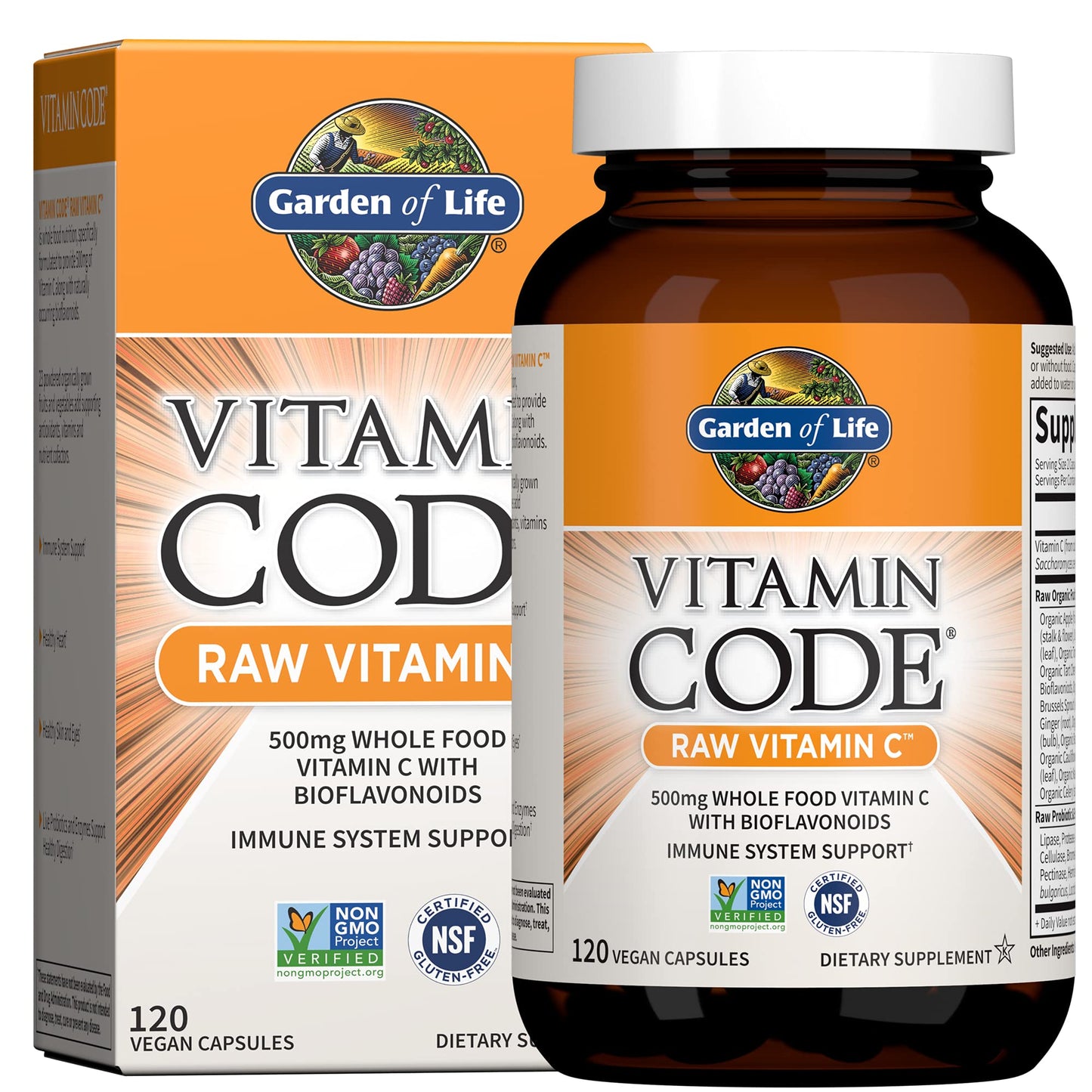 Garden of Life - Vitamin Code Raw VitaminC - 120 Vegan Capsules, 500mg Whole Food VitaminC with Bioflavonoids, Fruits & Veggies, Probiotics, Gluten Free Vitamin-C Supplements for Adults