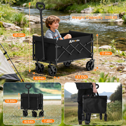 Collapsible Wagon with Wheels, 220 lbs Wagons Carts Foldable Wagon Cart with Flexible Handle, Lightweight Portable Folding Utility Grocery Shopping Cart for Grocery Sports Garden Camping