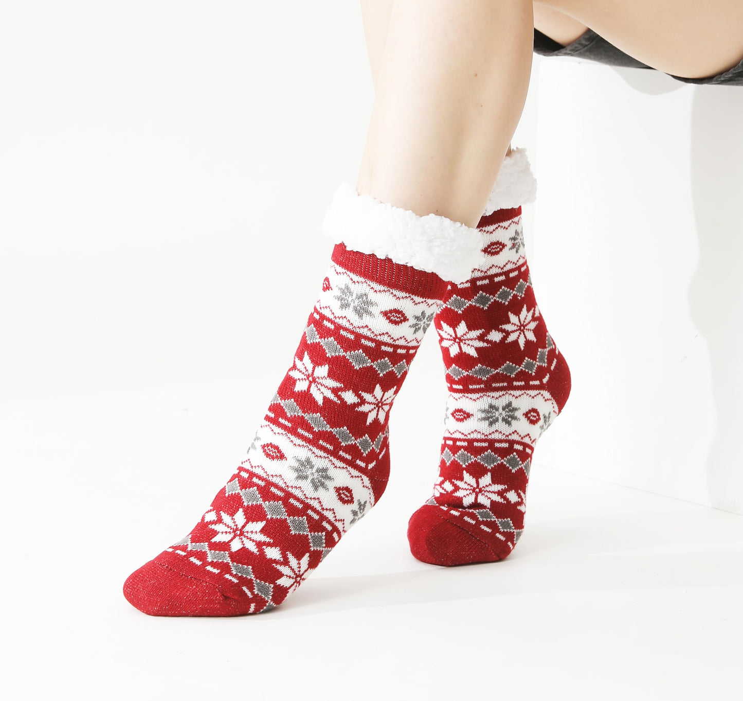 Fluffy Thermal Sherpa Socks, 3 Pairs for Women, Ultra Soft Slipper Christmas Winter Non Skid (Fair Isle D)