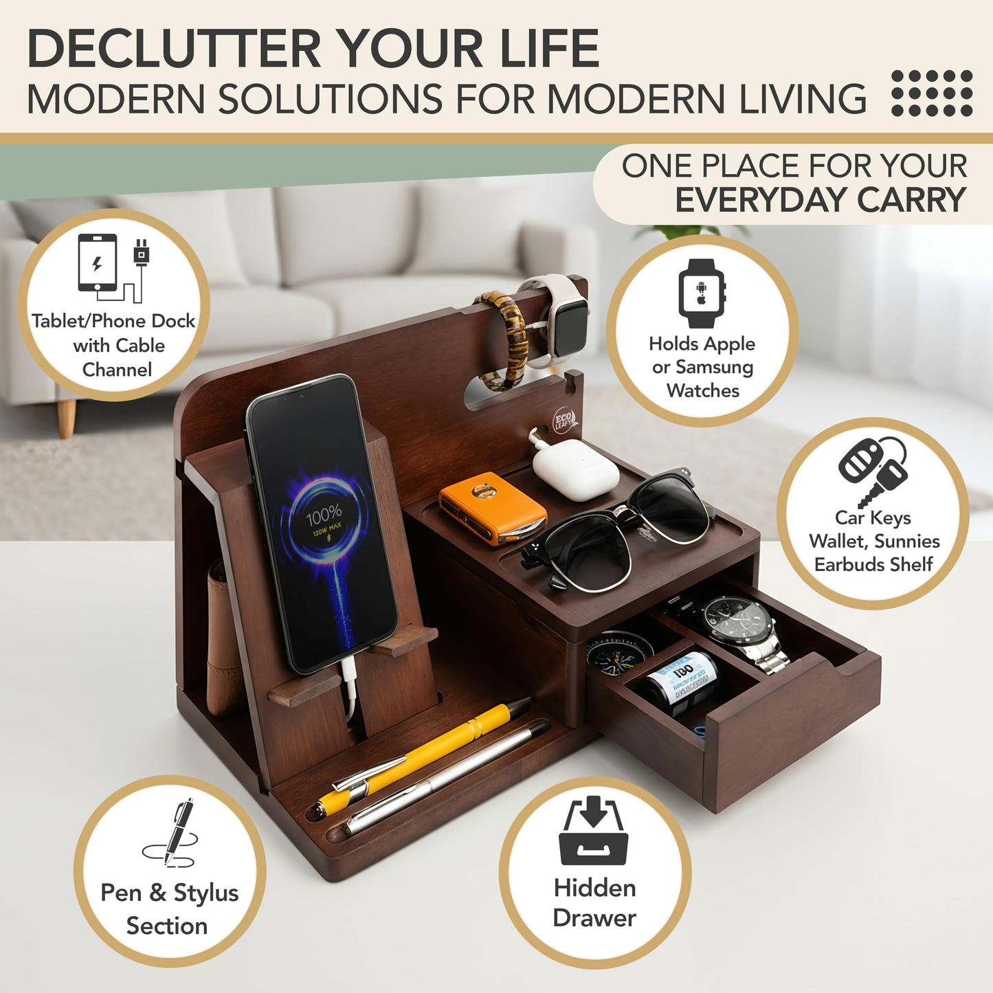 EcoLeafy Dot Nightstand Organizer- Bedside Docking Station for Men- Unique Gifts for Husband, Father or Dad from Wife, Son or Daughter- Desk Organizer for Phone, Watches, Wallet & Accessories (Brown)