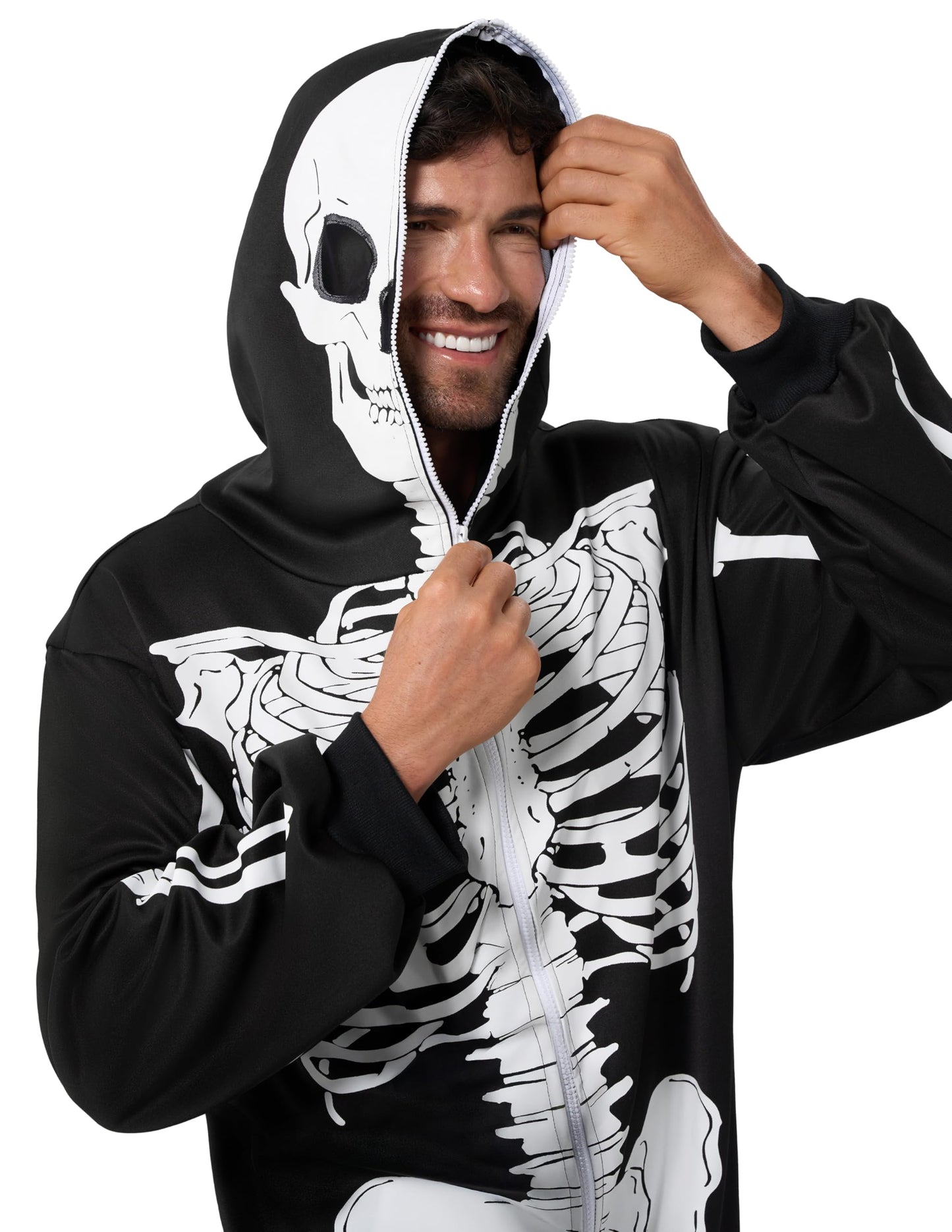 Spooktacular Creations Halloween Skeleton Pajama, Skeleton Costume for Adult Men, Hooded Plush Pajamas Jumpsuit, Zip-Up Skull Jumpsuit for Adult Men Halloween Cosplay Costume Themed Parties Black