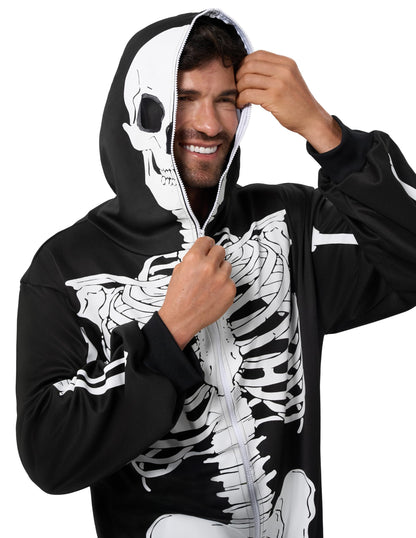 Spooktacular Creations Halloween Skeleton Pajama, Skeleton Costume for Adult Men, Hooded Plush Pajamas Jumpsuit, Zip-Up Skull Jumpsuit for Adult Men Halloween Cosplay Costume Themed Parties Black