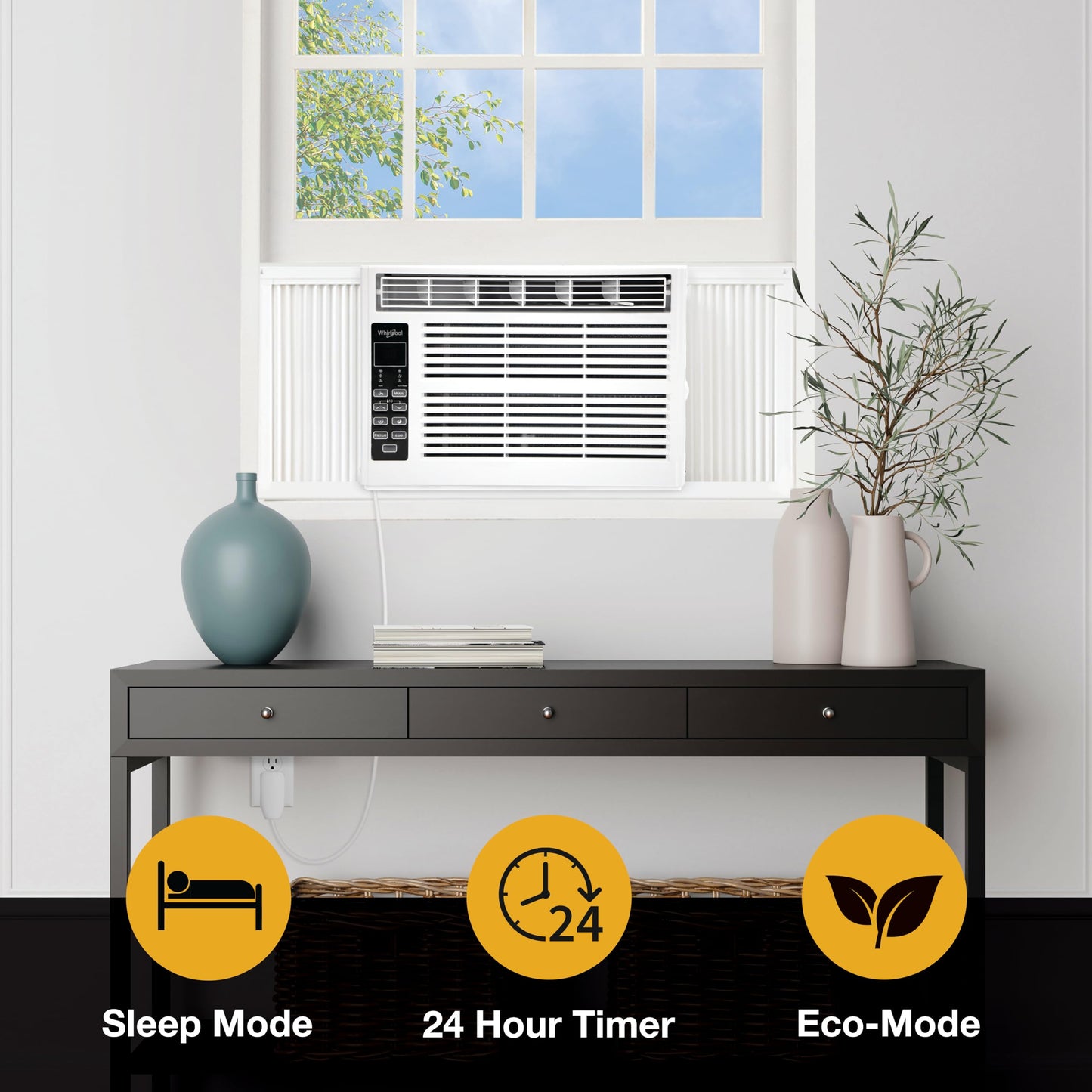 Whirlpool WHAW061CW 6,000 BTU Air Conditioner with Dehumidifier, 115V, Window AC 250 Sq. Ft, Living Room, Bedroom, or Kitchen, with Remote Control, Digital Display, and 24H-Timer, Bright White