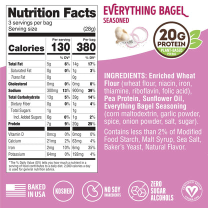 Lenny & Larry's Everything Bagel FITZELS- Savory Pretzel Snacks Incredibly Tasty, High Protein Salty, Vegan, Kosher 20 g's of Plant Based Protein 8 (eight) Bags, 3 oz Each