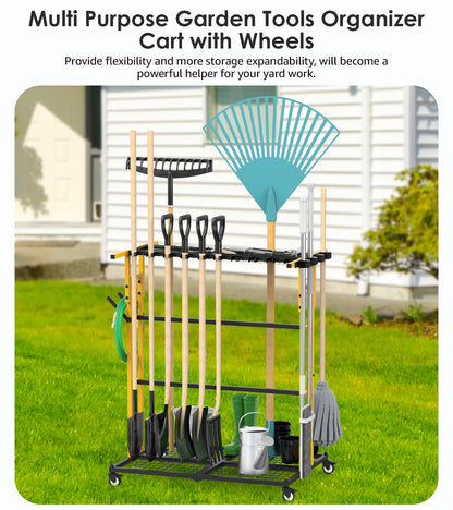 CCCEI Garage Organization with Wheels, Outdoor Gargen Yard Shed Tools Organizer Cart, Home Storage for Cleaning Supplies Organizer, Broom Holder, for Shovel and Rake, Long Farming and Farming Tools.