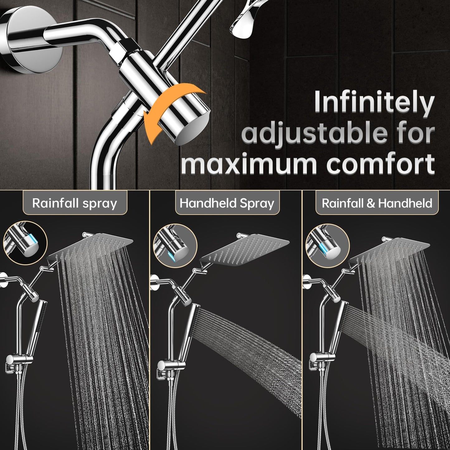 Veken 10" Luxurious All Metal Rain Shower Head with Handheld Spray Combo, High Pressure Rainfall Square Shower Heads with Extention Arm, Wide Dual Showerhead, Bathroom Accessories, Chrome, Silver