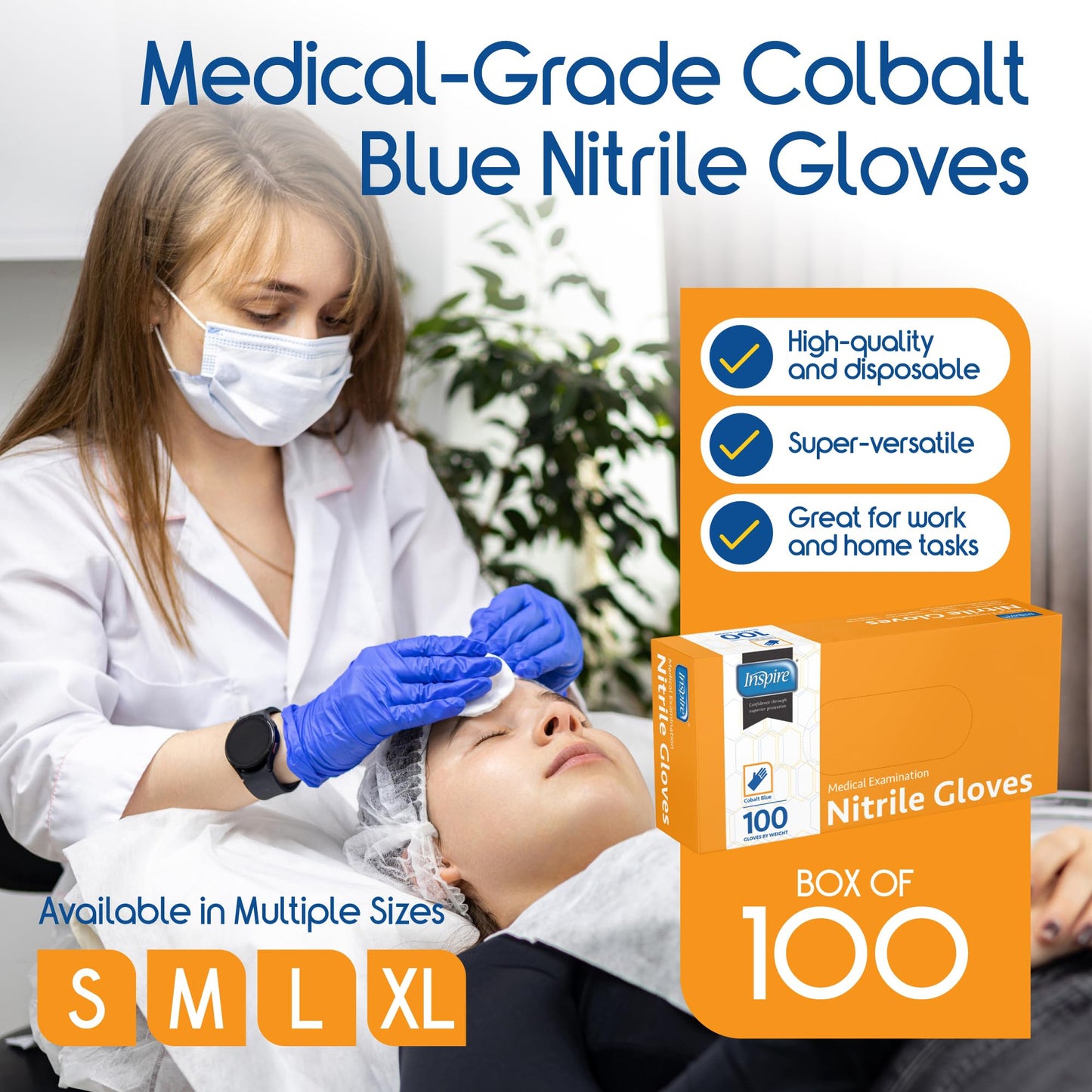 Inspire Cobalt Blue Nitrile Disposable Gloves | 4.5 Nitrile Safety Medical Exam Cooking Cleaning Disposable Chemo Gloves (Blue - Box of 100, Large)