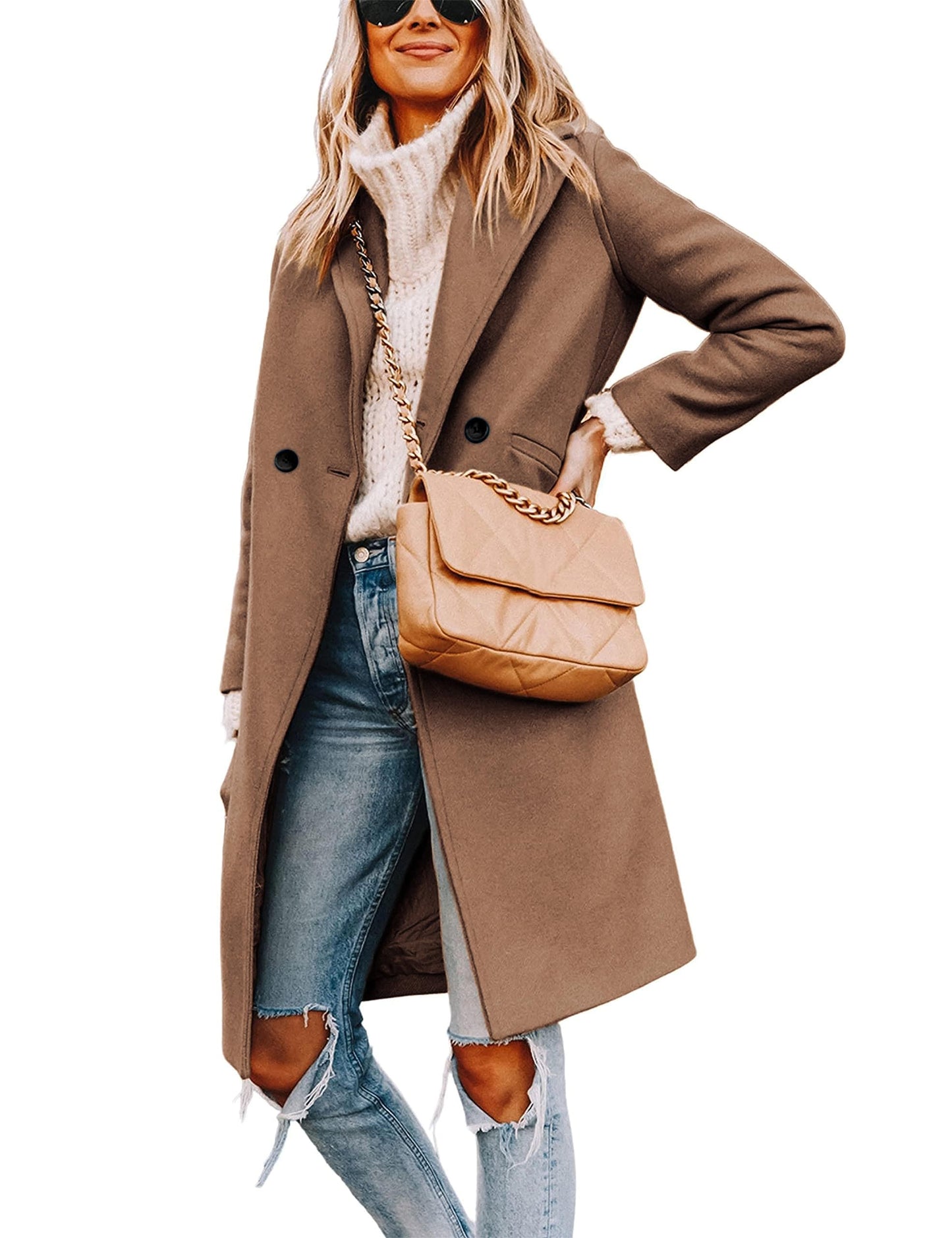 Tanming Women's Notch Lapel Double Breasted Wool Blend Mid Long Pea Trench Coat (Camel-L)