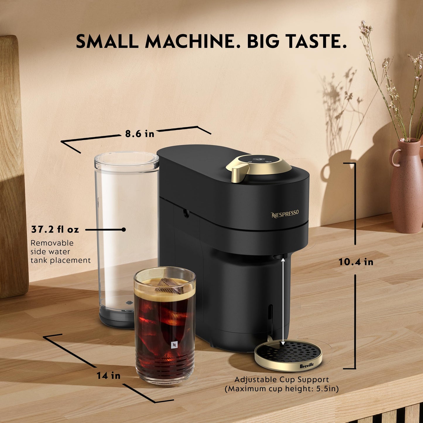 Nespresso Festive Vertuo Pop+ Coffee and Espresso Maker by Breville, Matte Black Gold