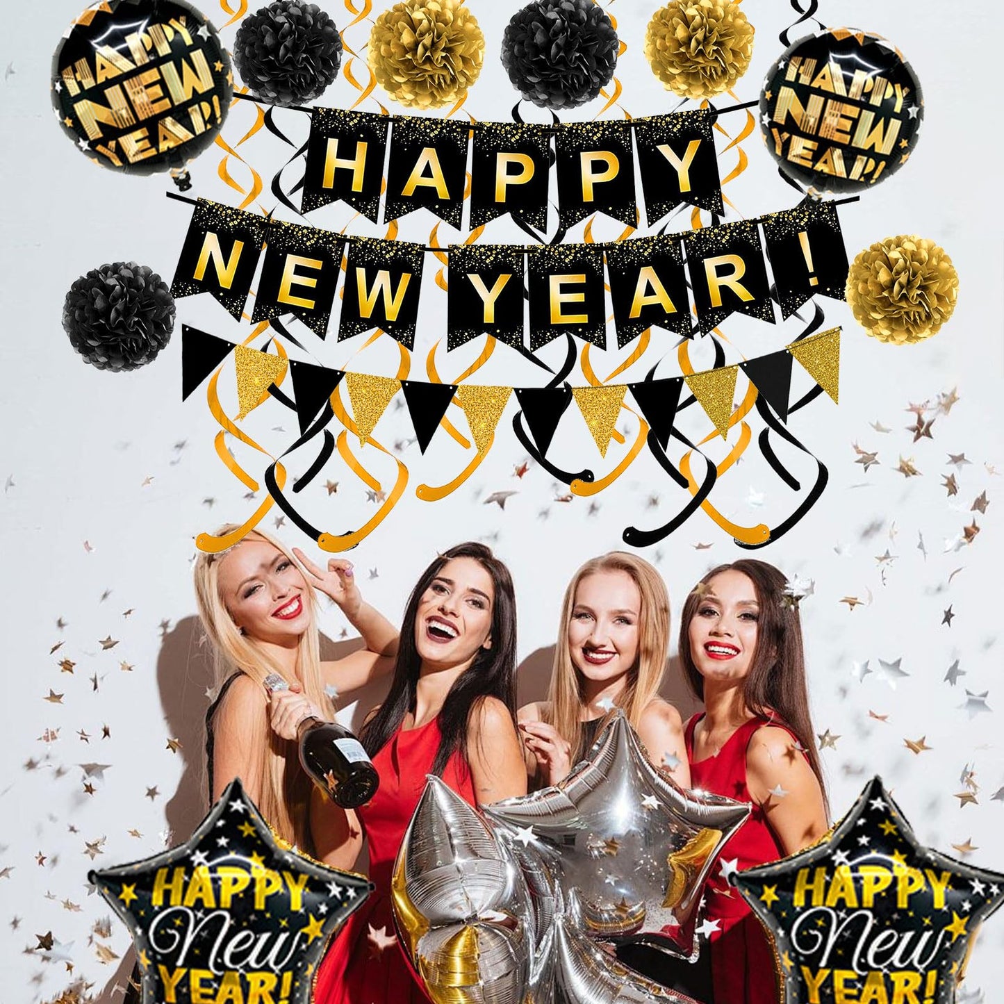 Brand:Oh baby,HAPPY NEW YEAR Paper Banner Triangle Flag Bunting Pom poms Swirl Streamers Aluminum foil balloons for New year Party Decorations