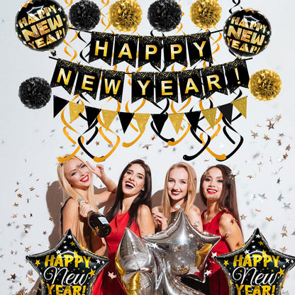 Brand:Oh baby,HAPPY NEW YEAR Paper Banner Triangle Flag Bunting Pom poms Swirl Streamers Aluminum foil balloons for New year Party Decorations