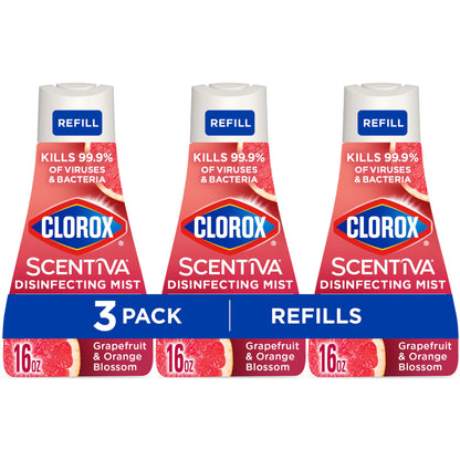 Clorox Scentiva Disinfecting Mist, Grapefruit and Orange Blossom, Refill, 16 Fl Oz Each, Pack of 3