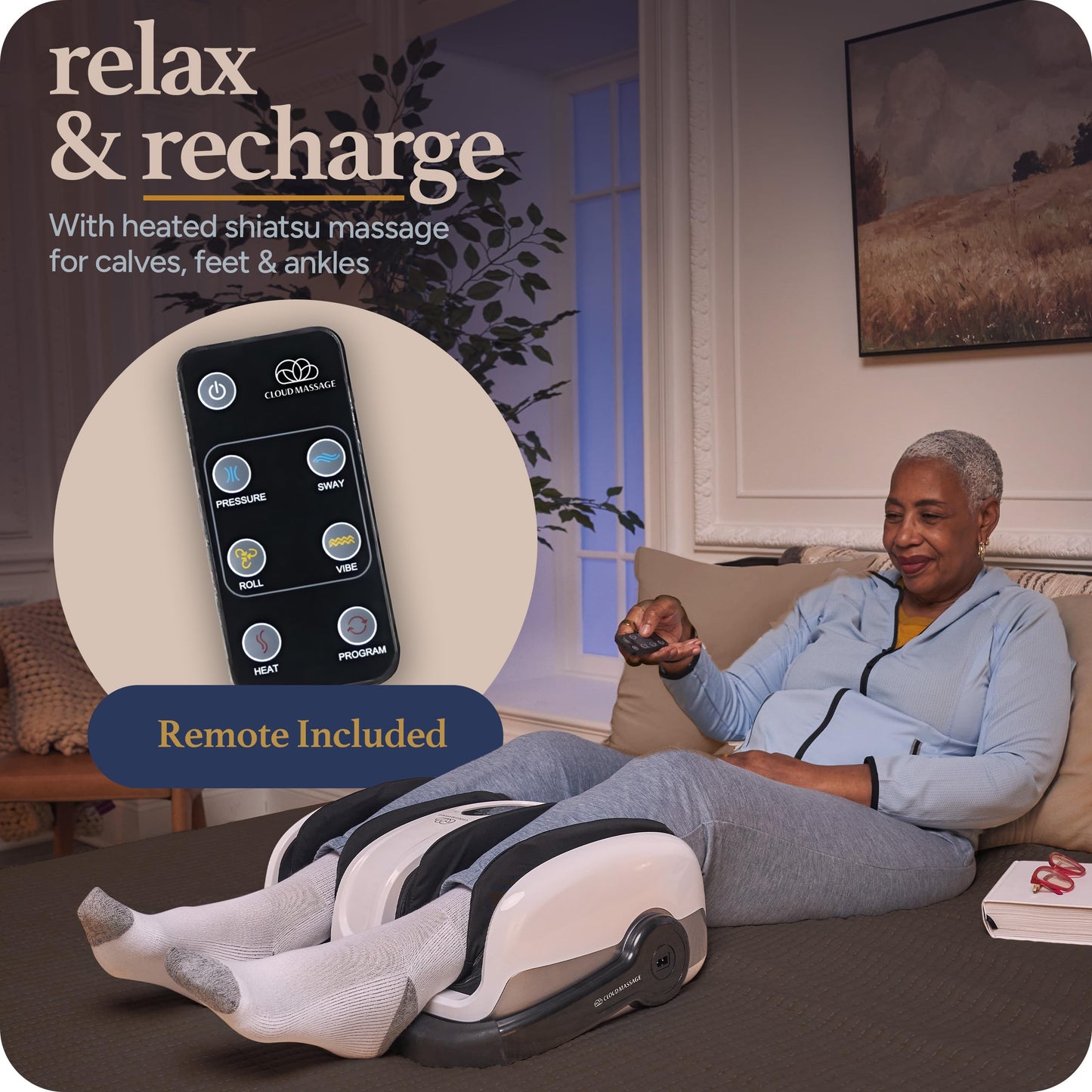 Cloud Massage Shiatsu Foot Massager with Heat - Foot & Calf Massager for Relaxation, Plantar Fasciitis Relief, Neuropathy, Circulation, and Heat Therapy - FSA/HSA Eligible - White, Includes Remote