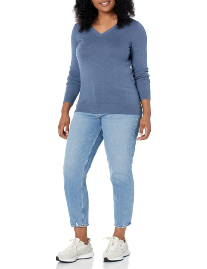 Amazon Essentials Women's Classic-Fit Lightweight Long-Sleeve V-Neck Sweater (Available in Plus Size), Blue Heather, X-Small