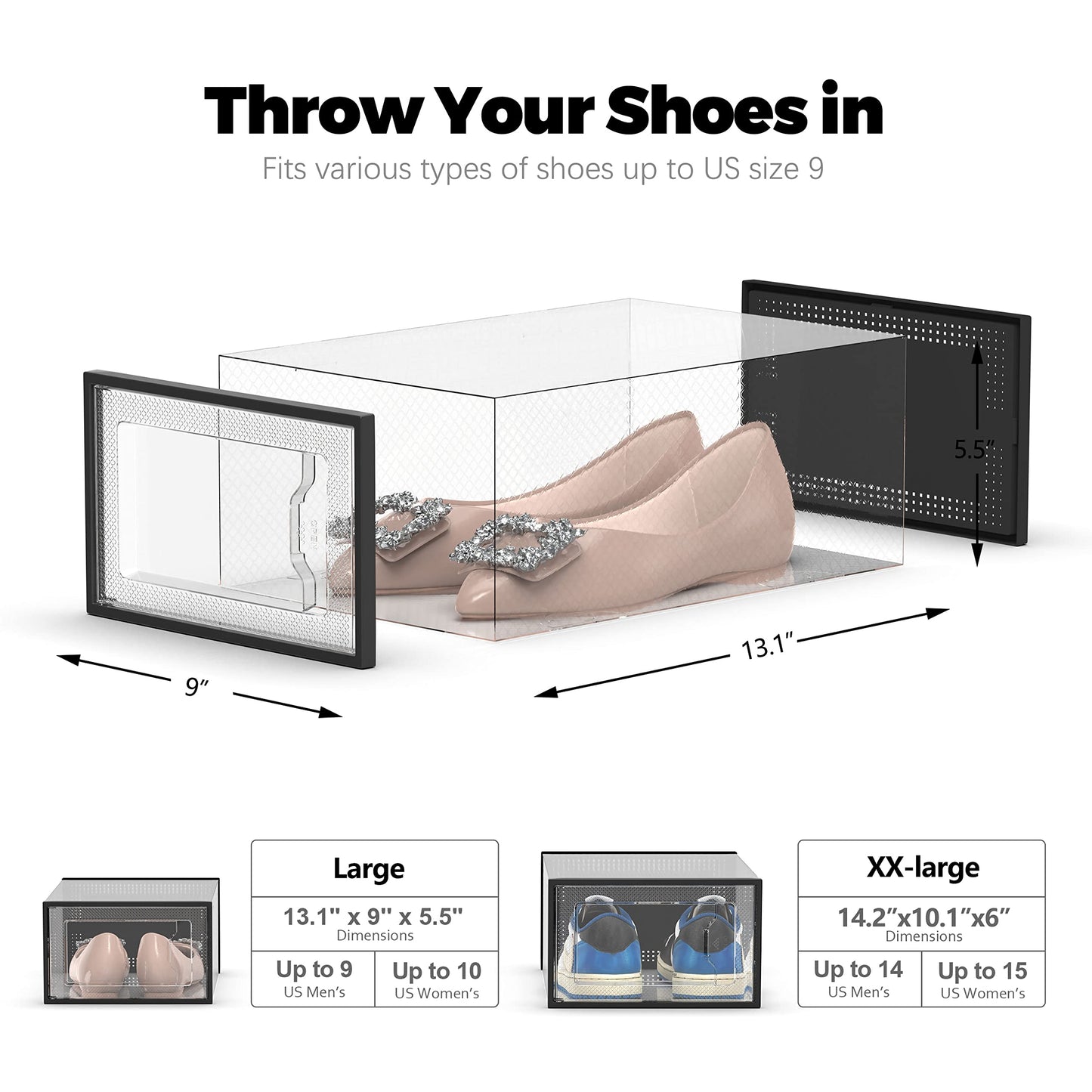SEE SPRING 12 Pack Shoe Storage Box, Clear Plastic Stackable Shoe Organizer for Closet, Space Saving Shoe Rack for Entryway Sneaker Container Bin Holder (Black)
