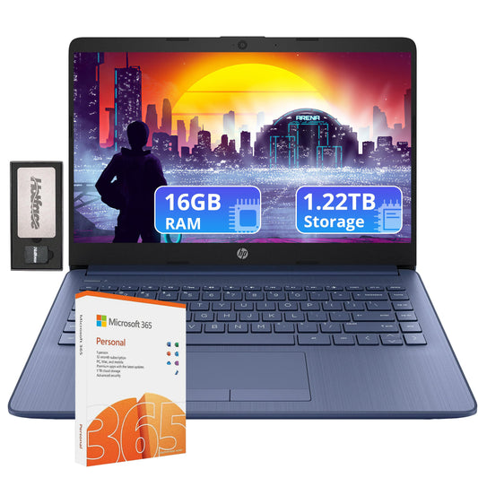 HP Flagship 14" HD Laptop with 1 Year Office 365 | 16GB RAM | 1.22TB Storage(64GB EMMC & 160GB Docking Station Set & 1TB Cloud Storage) | Intel 4-Core Processor | Webcam | Win 11s | Blue