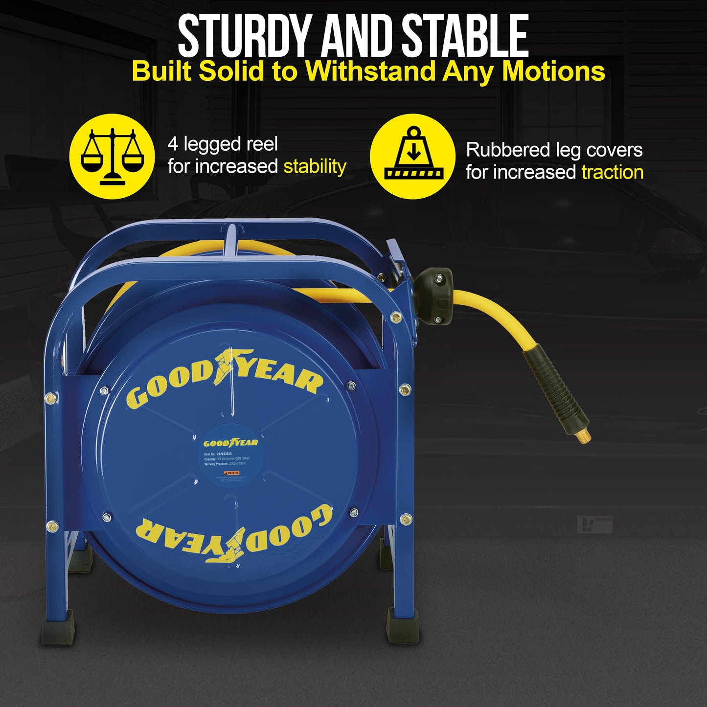 Goodyear Retractable Air Hose Reel, 3/8" x 100 Feet, 300 PSI, Spring-Driven Steel, Heavy Duty Industrial, Flex Hybrid Polymer Hose, Portable and Durable