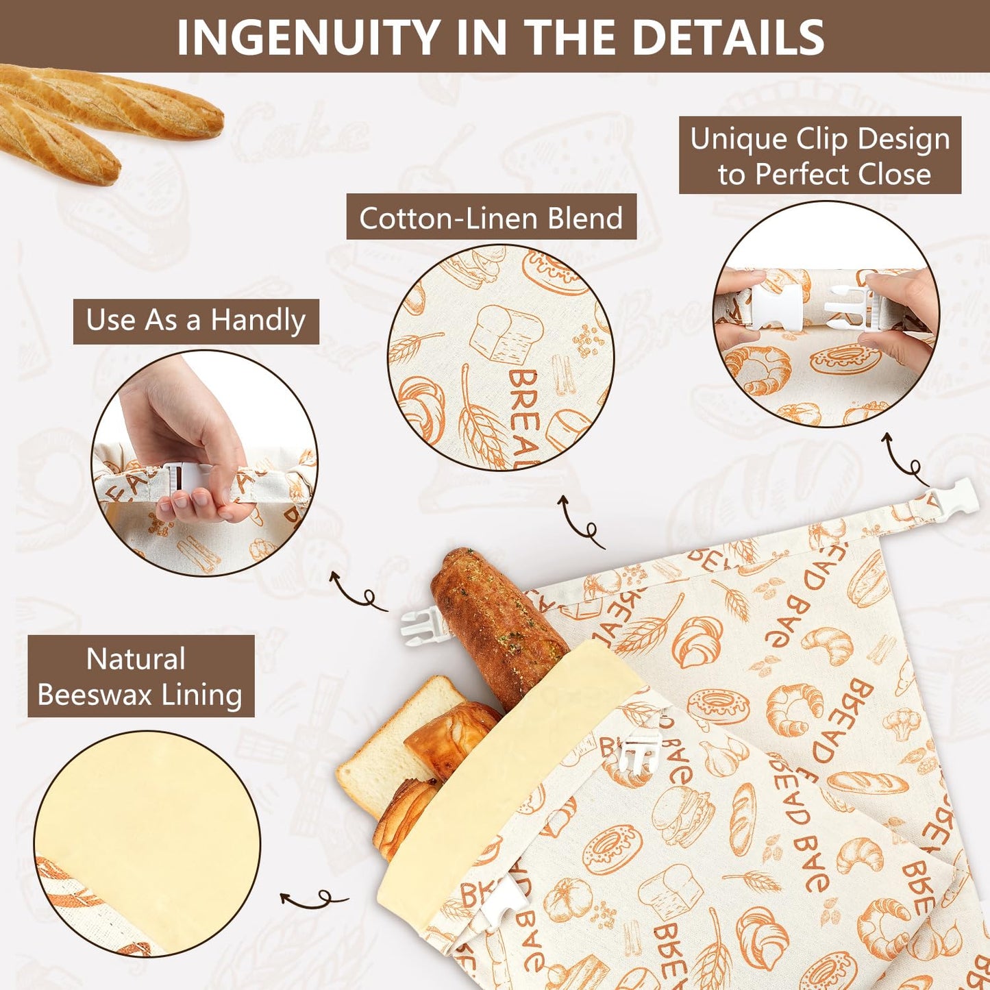 Reusable Beeswax Bread Bags(2 Pack), Beeswax Bags for Sourdough/Homemade Bread, Natural Cotton Bees Wax Bag, Fresh and Refrigerable, New Upgrade Food Storage Bag, Large Capacity and Portable