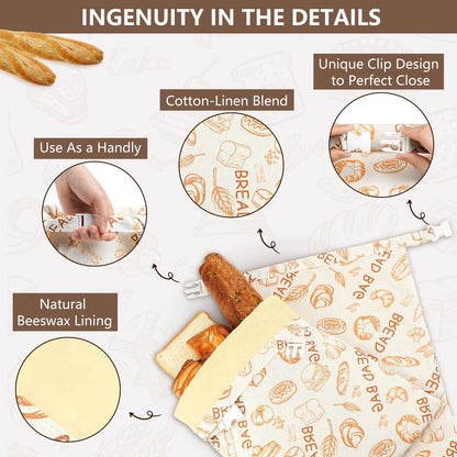 Reusable Beeswax Bread Bags(2 Pack), Beeswax Bags for Sourdough/Homemade Bread, Natural Cotton Bees Wax Bag, Fresh and Refrigerable, New Upgrade Food Storage Bag, Large Capacity and Portable
