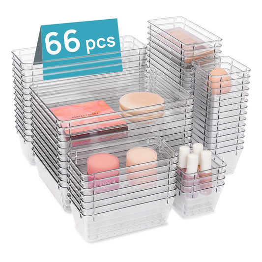 Vtopmart 66 PCS Clear Plastic Drawer Organizer Bins, 4-Size Versatile Bathroom and Vanity Organizer Trays, Acrylic Storage Containers for Makeup, Jewelry, Toiletry, Kitchen Utensils and Office Supply