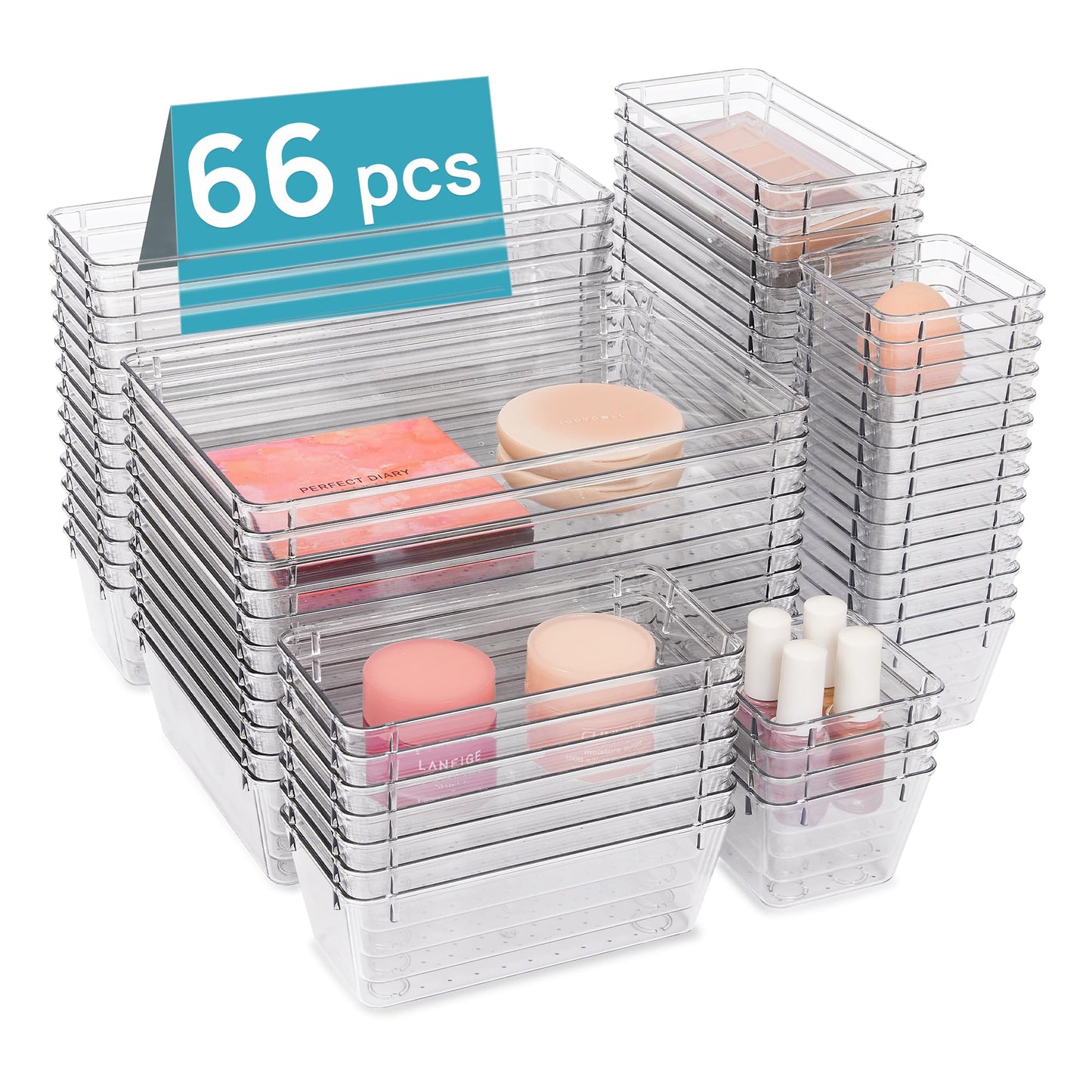 Vtopmart 66 PCS Clear Plastic Drawer Organizer Bins, 4-Size Versatile Bathroom and Vanity Organizer Trays, Acrylic Storage Containers for Makeup, Jewelry, Toiletry, Kitchen Utensils and Office Supply