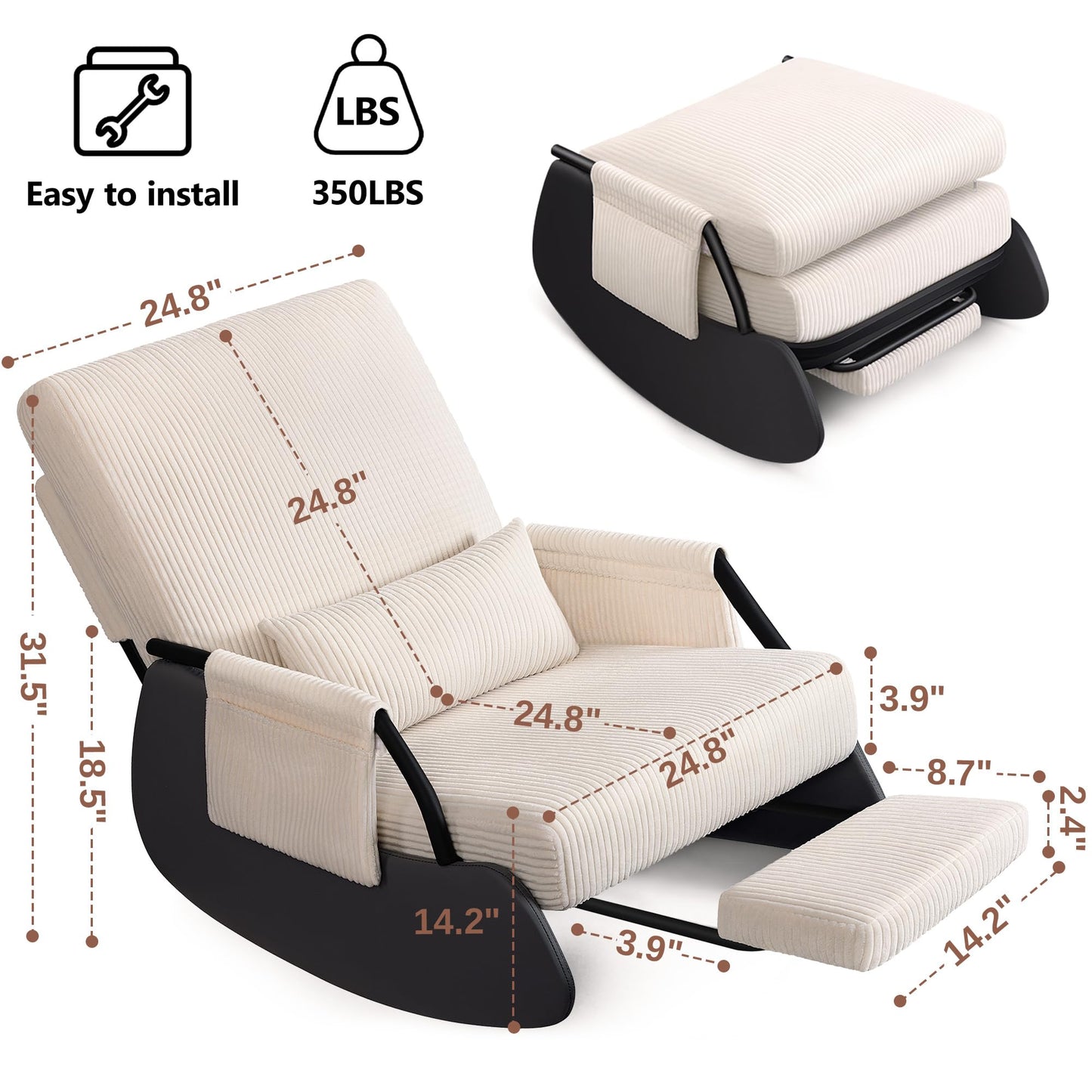 FelixKing Rocking Chair Nursery, Low-Seat Glider Chair, Upholstered Rocking Chair with Side Pocket and Foot Rest, Comfortable Modern Accent Armchair Recliner for Mom Nursery Living Room Bedroom Beige