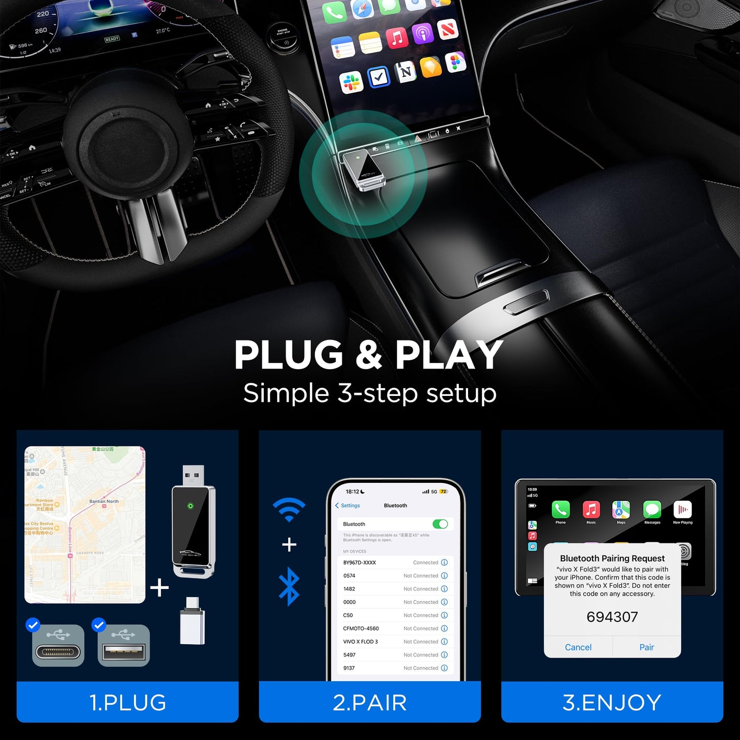 vnilrgle Wireless CarPlay Adapter 2024 Upgrade, Plug and Play, No Latency, Converts Factory Wired to Wireless, Compatible with iPhone 6+ and 2015+ Cars, Bluetooth 2.4GHz and Wi-Fi 2.4+5.8GHz