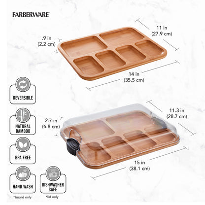 FARBERWARE Build-a-Board Cutting Board with Compartments and Clear Locking Lid for Charcuterie, Snacks, Bamboo