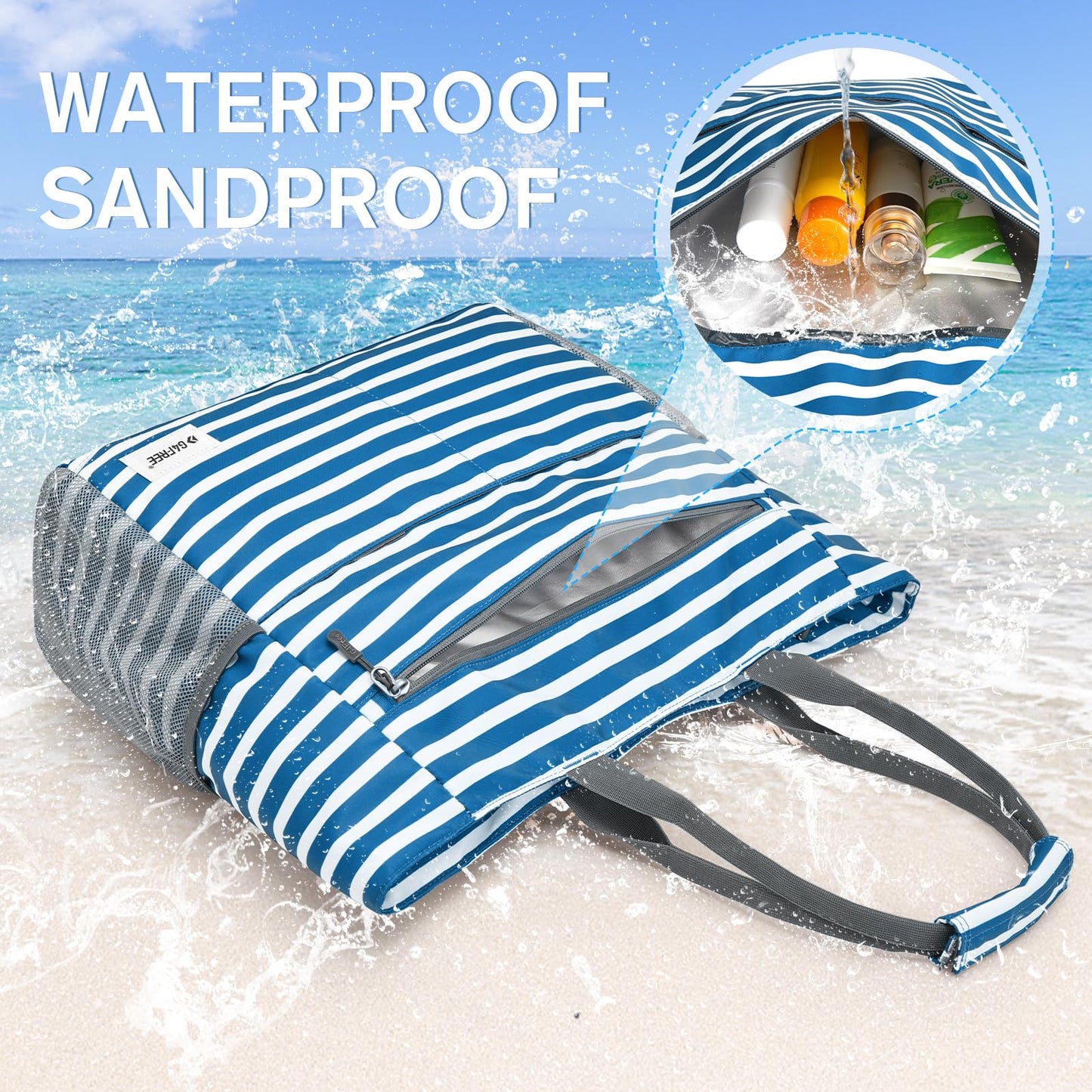 G4Free Beach Bag, Waterproof Sandproof Beach Tote Bag,50L Large Capacity Foldable for Women, Personalized Gifts for Her,Navy Stripe