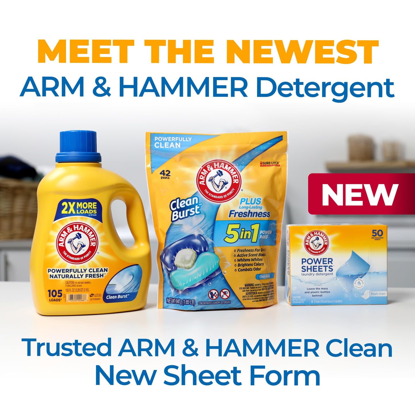 Arm & Hammer Power Sheets Laundry Detergent, Fresh Linen 50ct, up to 100 Small Loads (Packaging may vary)