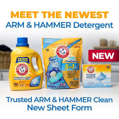 Arm & Hammer Power Sheets Laundry Detergent, Fresh Linen 50ct, up to 100 Small Loads (Packaging may vary)