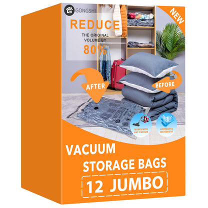 GONGSHI Vacuum Storage Bags, Space Saver Bags for Clothing,Blankets,Comforters, Pillows, Clothes,Travel,12 Jumbo