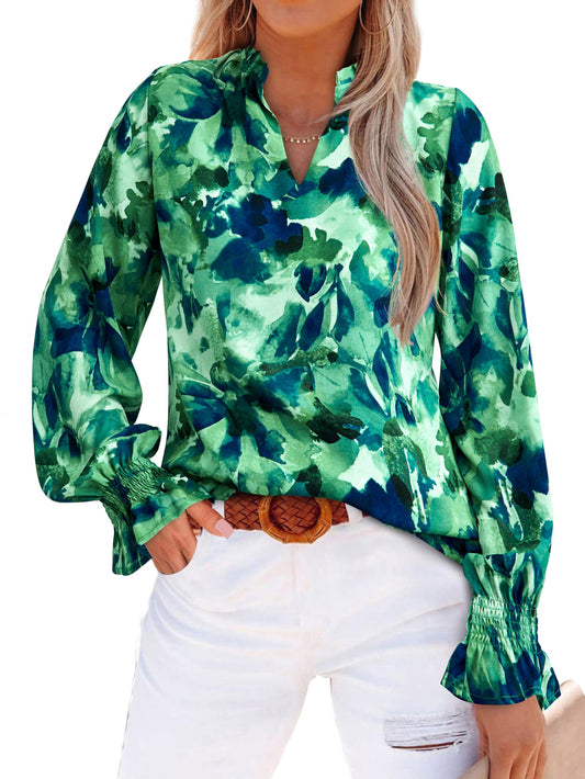 MASCOMODA Womens V Neck Floral Long Sleeve Tops 2024 Summer Casual Loose Puff Sleeve Chiffon Boho Work Blouse Dressy T Shirts(Green Flower,Small)