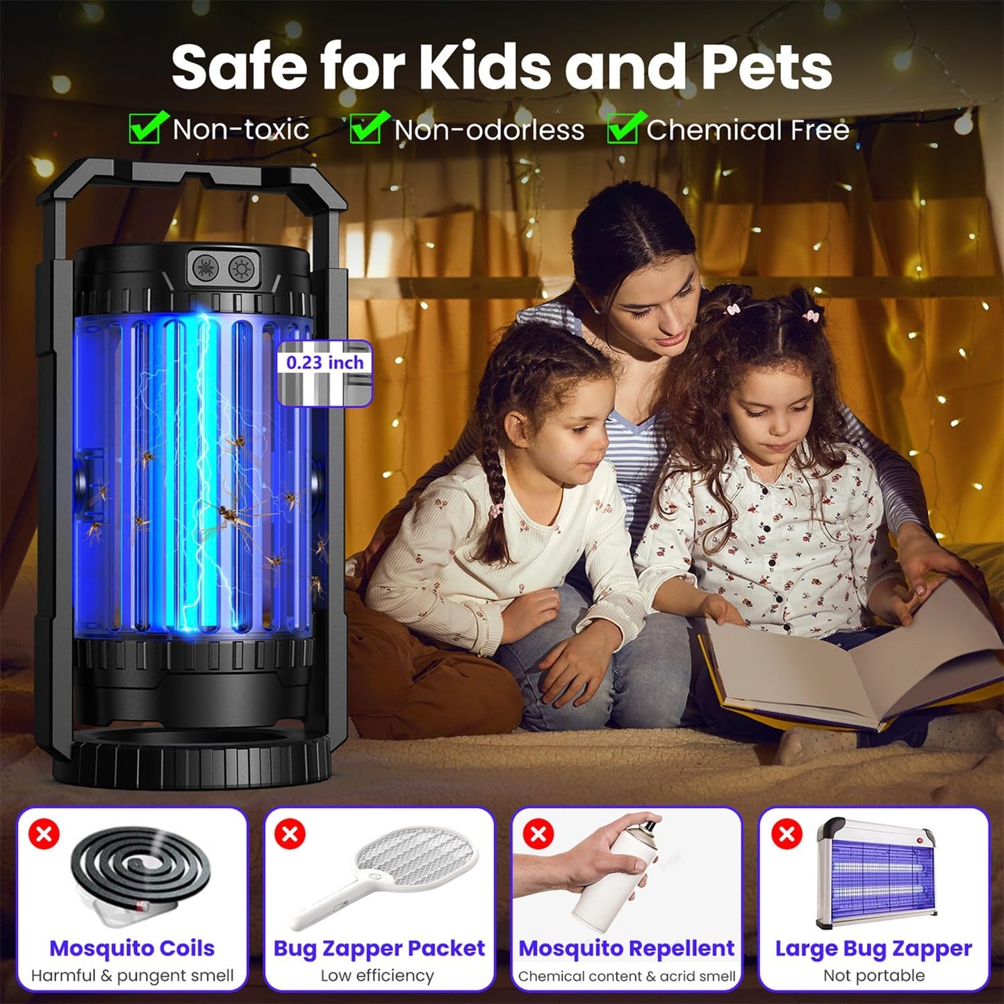 Evolpol Bug Zapper Outdoor & Indoor, 5000mAh Rechargeable 4 in 1 Electric Mosquito Zapper, 4200V with LED Light Hanging Portable Mosquito Killer，Fly Trap for Outdoor Patio, Camping, Backyard, Fishing