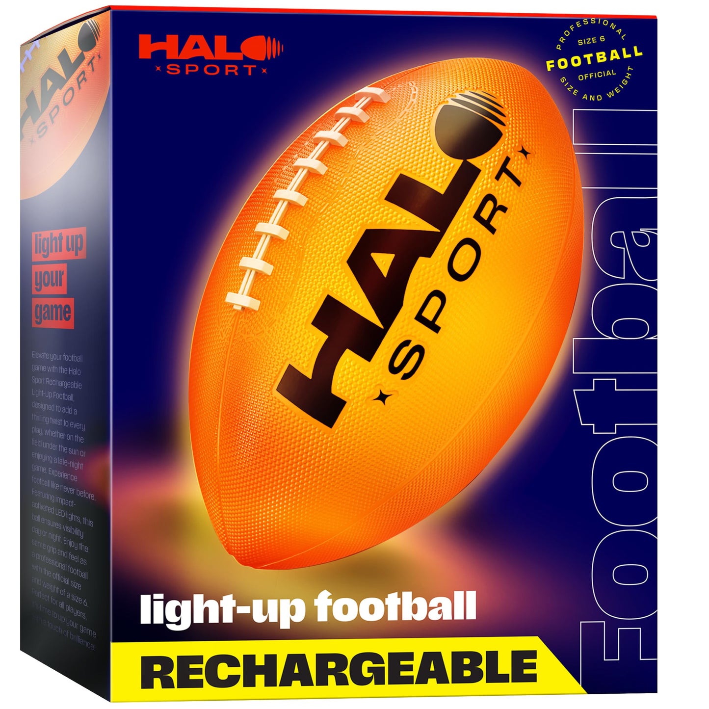 Halo Sport Rechargeable Light Up Football - Glow in The Dark Ball - NO 6 - Outdoor Sports Birthday Gifts for Boys 8-15+ Year Old - Kids Teenage Youth Gift Ideas - Boy Toys Stuff Ages 8 to 15
